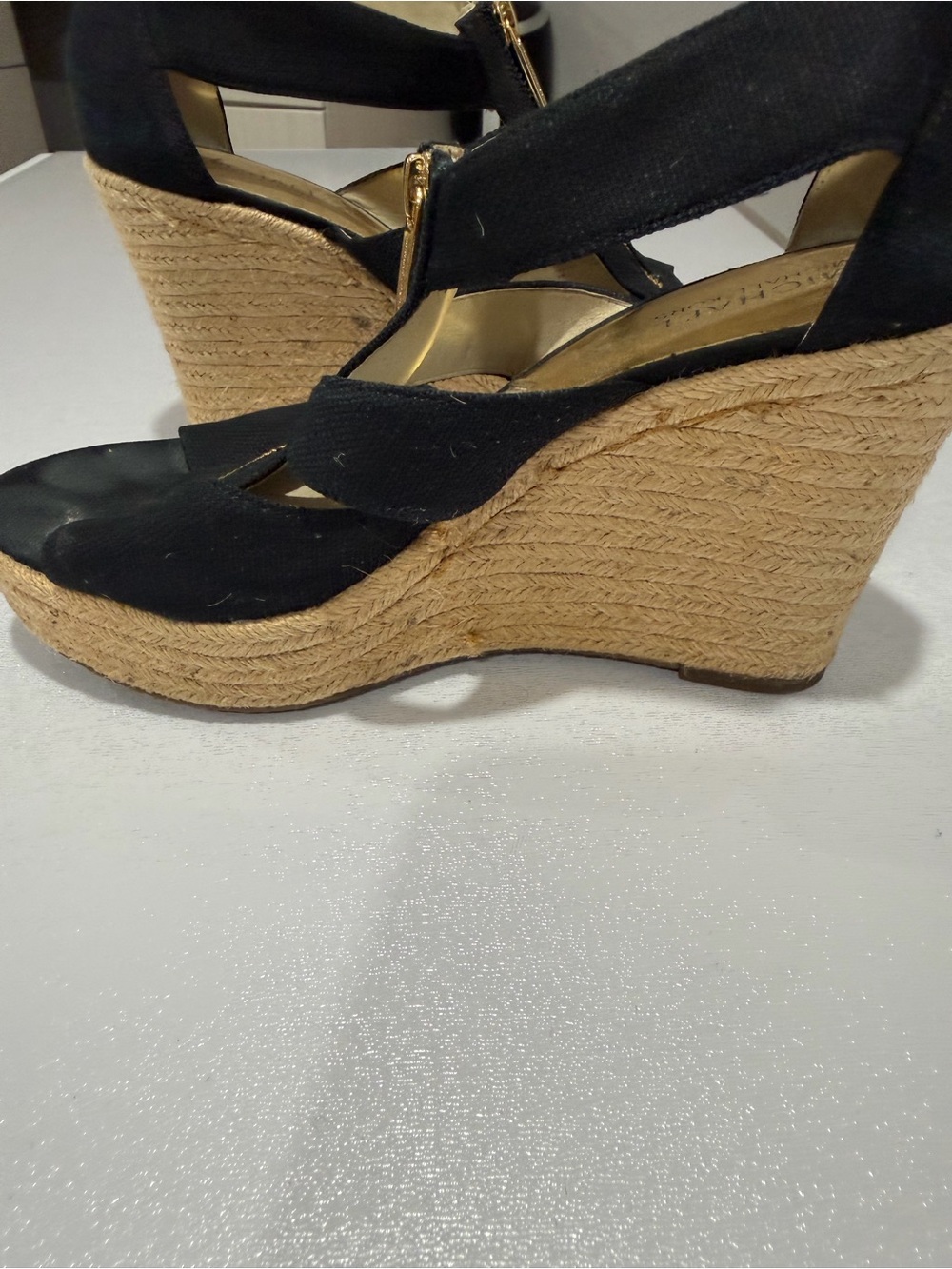 Michael Kors Black Wedge Sandals with Gold Zipper Detail - Picture 6 of 7